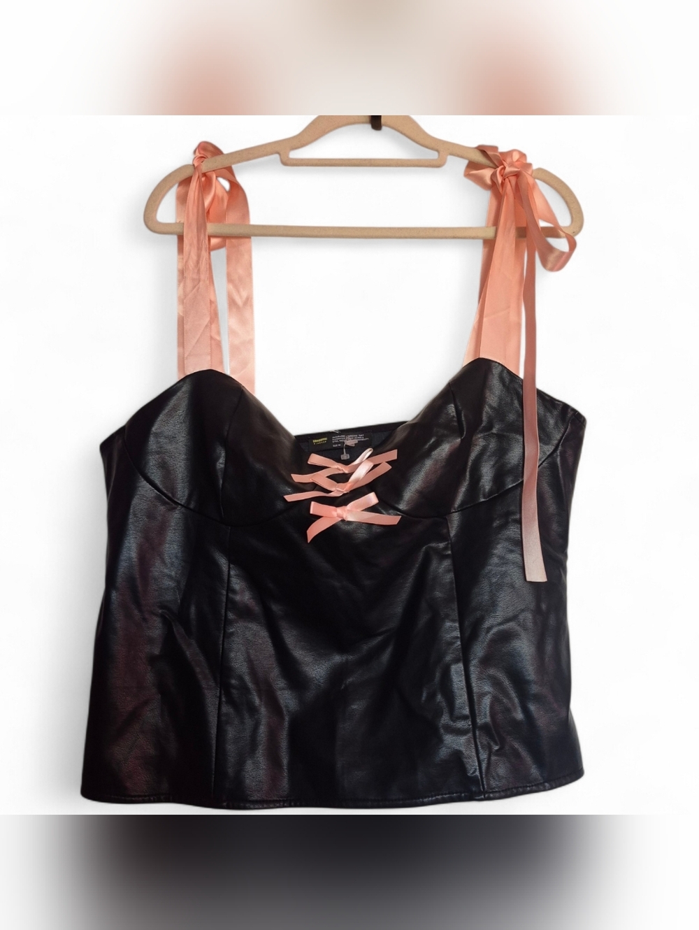 Finesse Black Faux Leather Corset Camisole with Pink Satin Ties